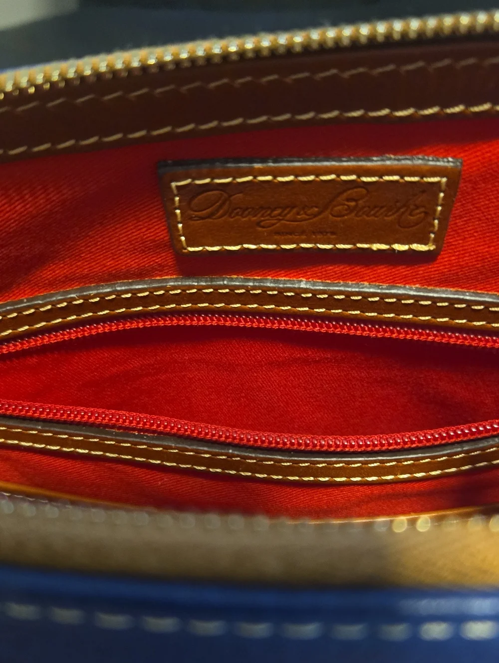 Dooney & Bourke Navy Blue Leather Satchel with Brown Trim and Handles